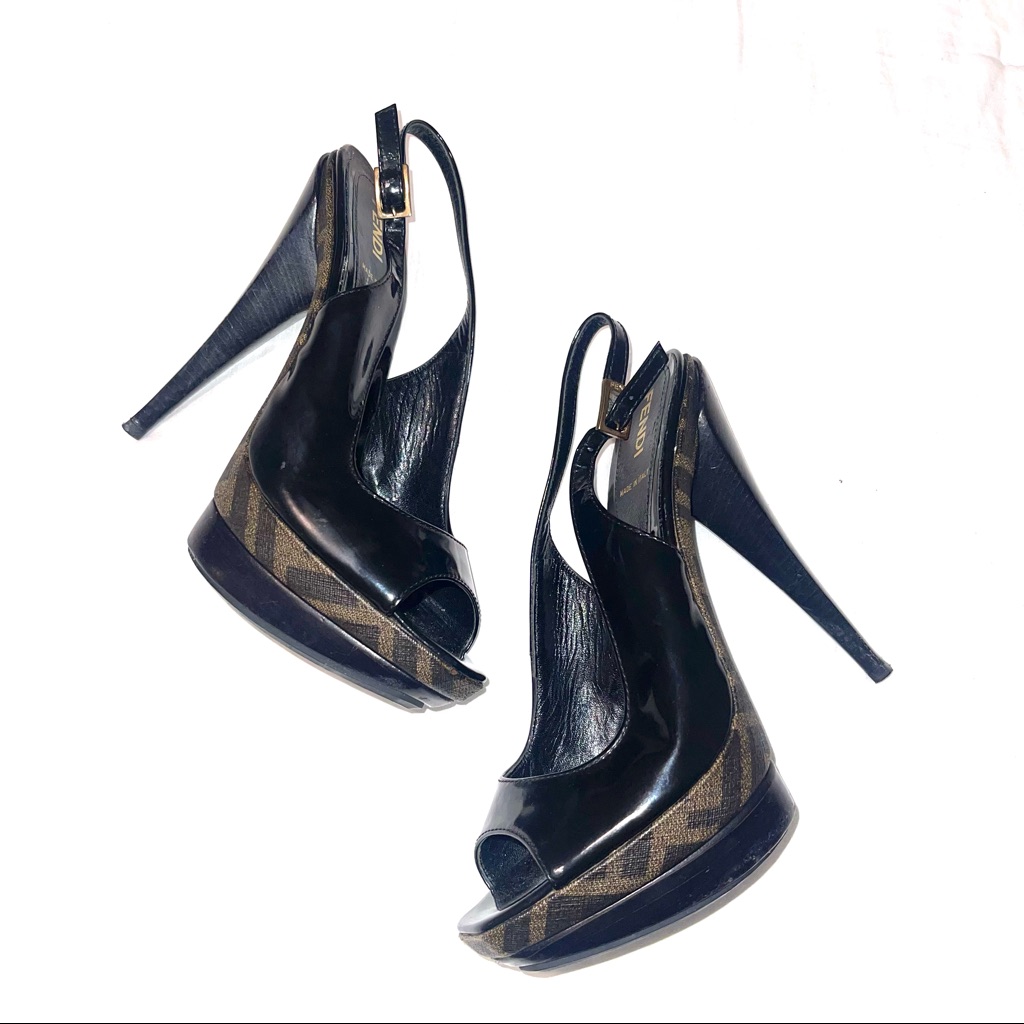 Fendi Signature Sling Back Open Toe Platform Heels